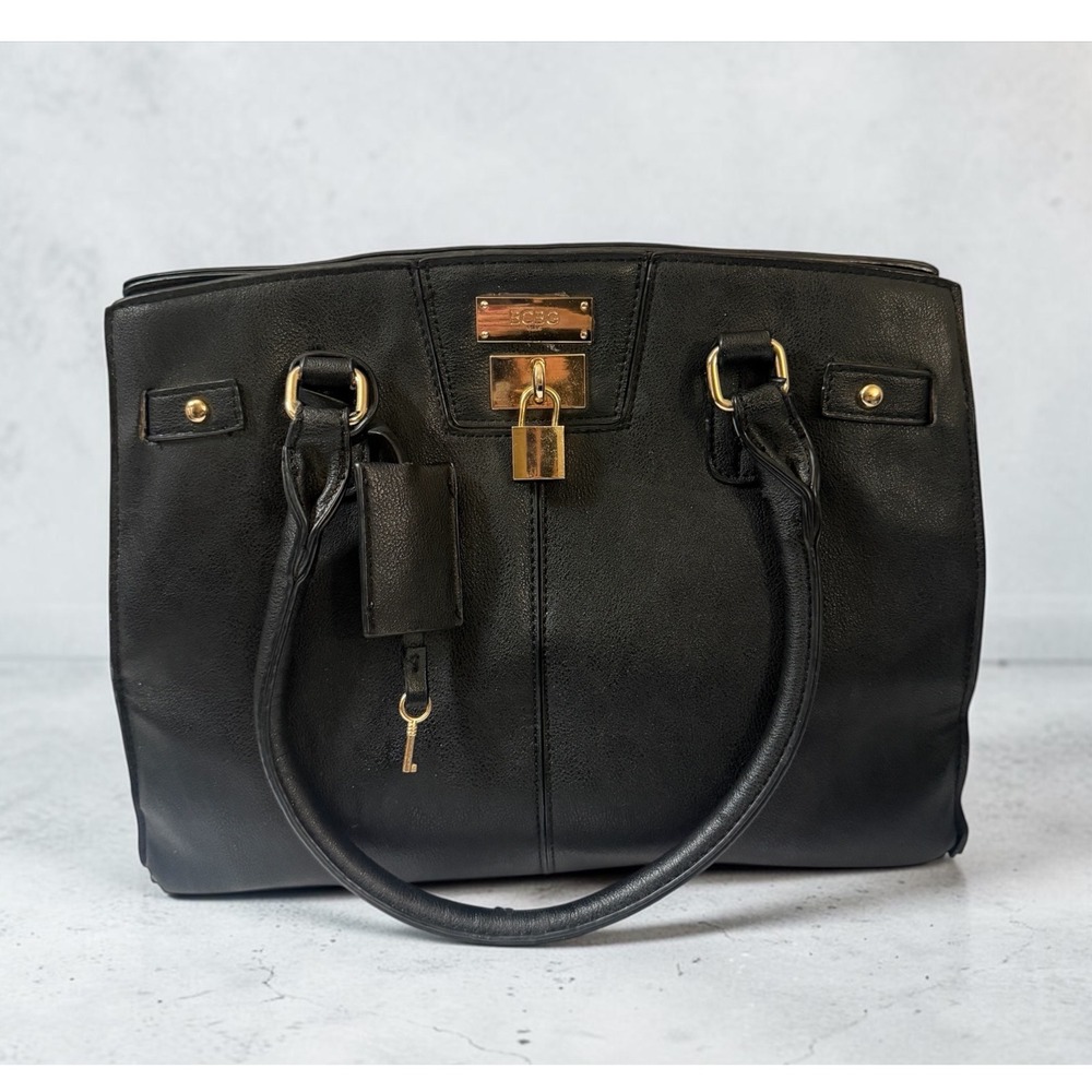 BCBG Paris Black Faux Leather Satchel Handbag Gold Padlock Detail Tote